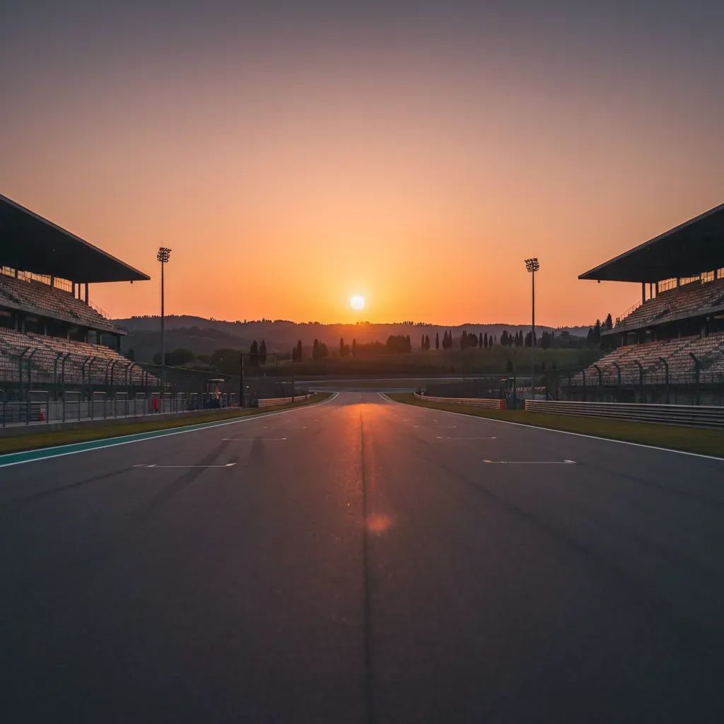 A tranquil, evocative sunset scene over the empty Mugello circuit after the race weekend. The camera is positioned low, 