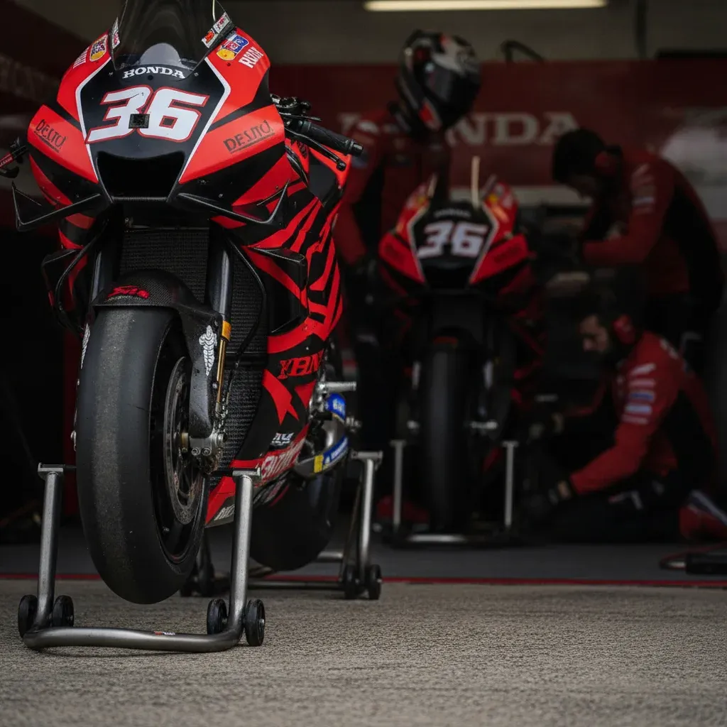 A close-up of the factory Honda HRC Castrol bike being prepared by mechanics in the pit lane garage.