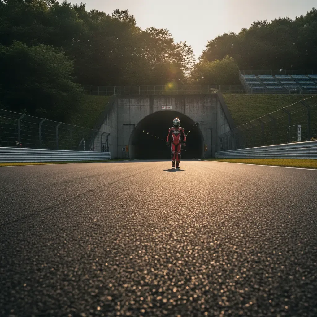 The empty track at Mobility Resort Motegi, showing the famous bridge and tunnel section.