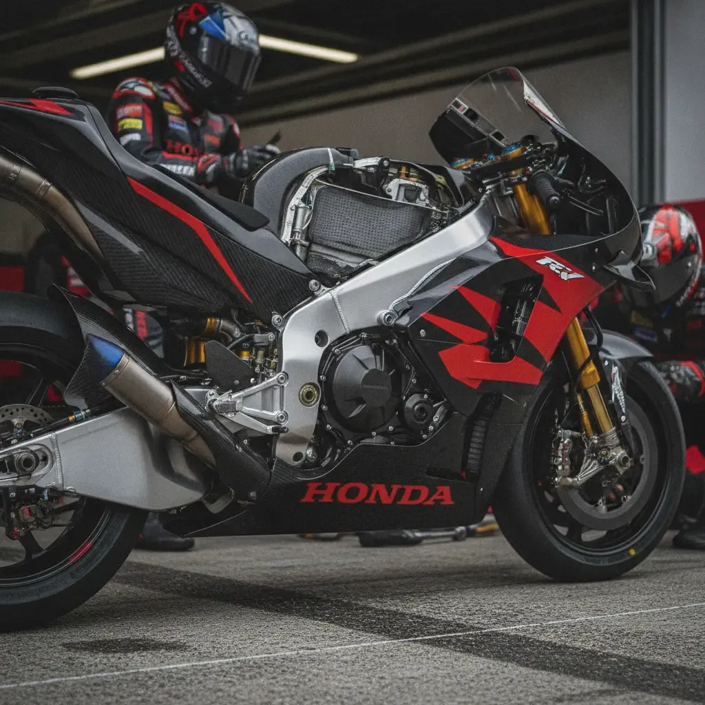 A close-up of the complex engine and frame of a Honda MotoGP race bike in the pit garage.
