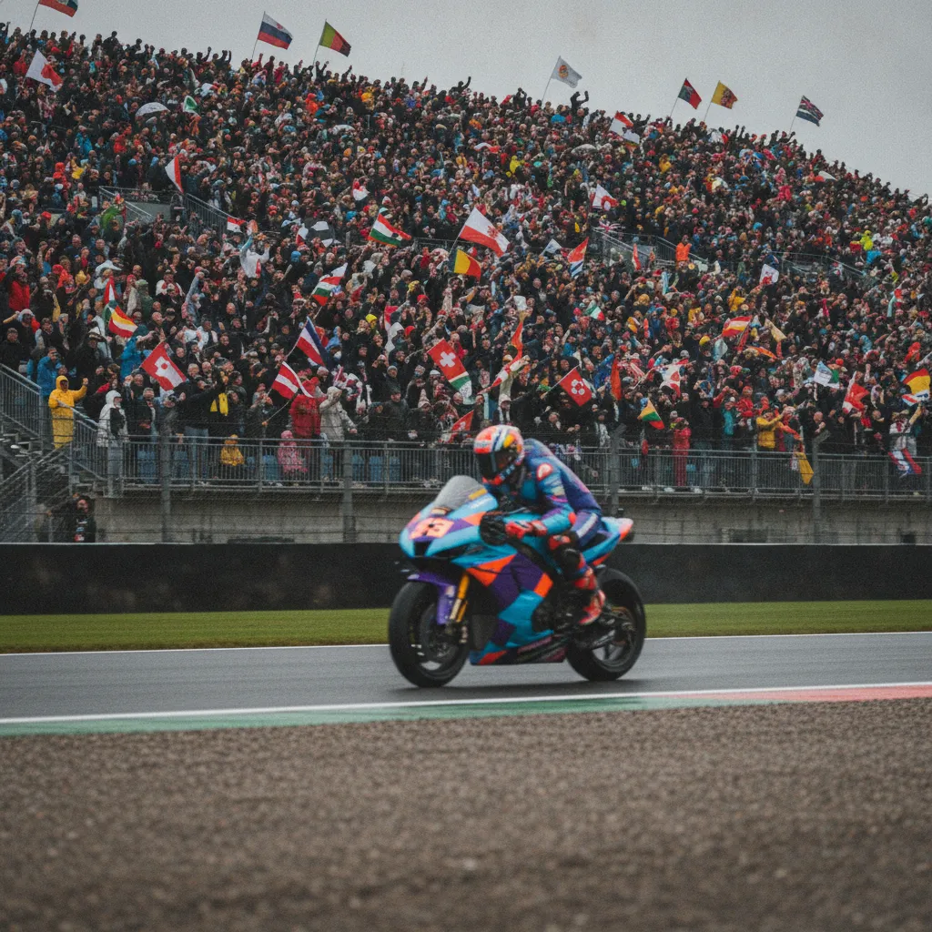 A large, enthusiastic crowd fills the grandstands at the British Grand Prix.