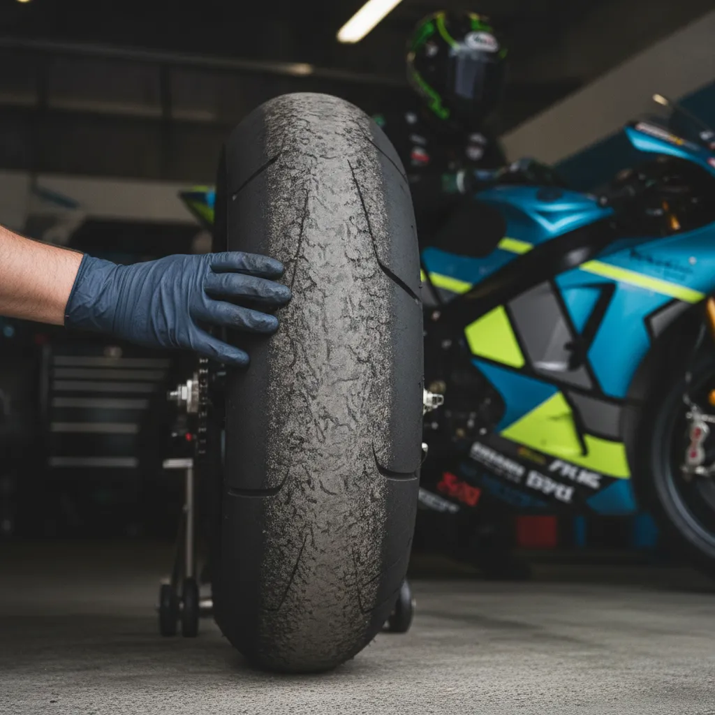 A detailed close-up shows the worn, textured surface of a MotoGP racing tyre after use.