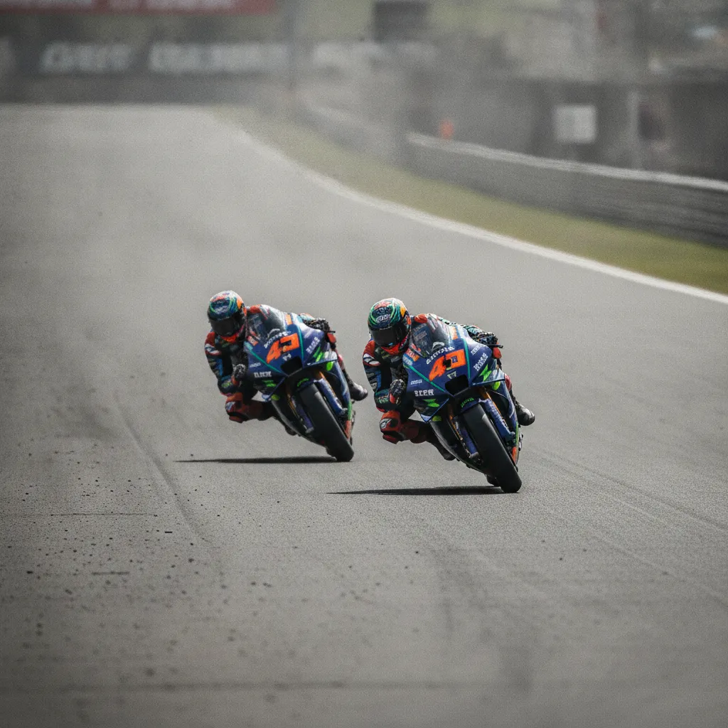 Two MotoGP bikes race closely together down a long straight, one drafting the other.