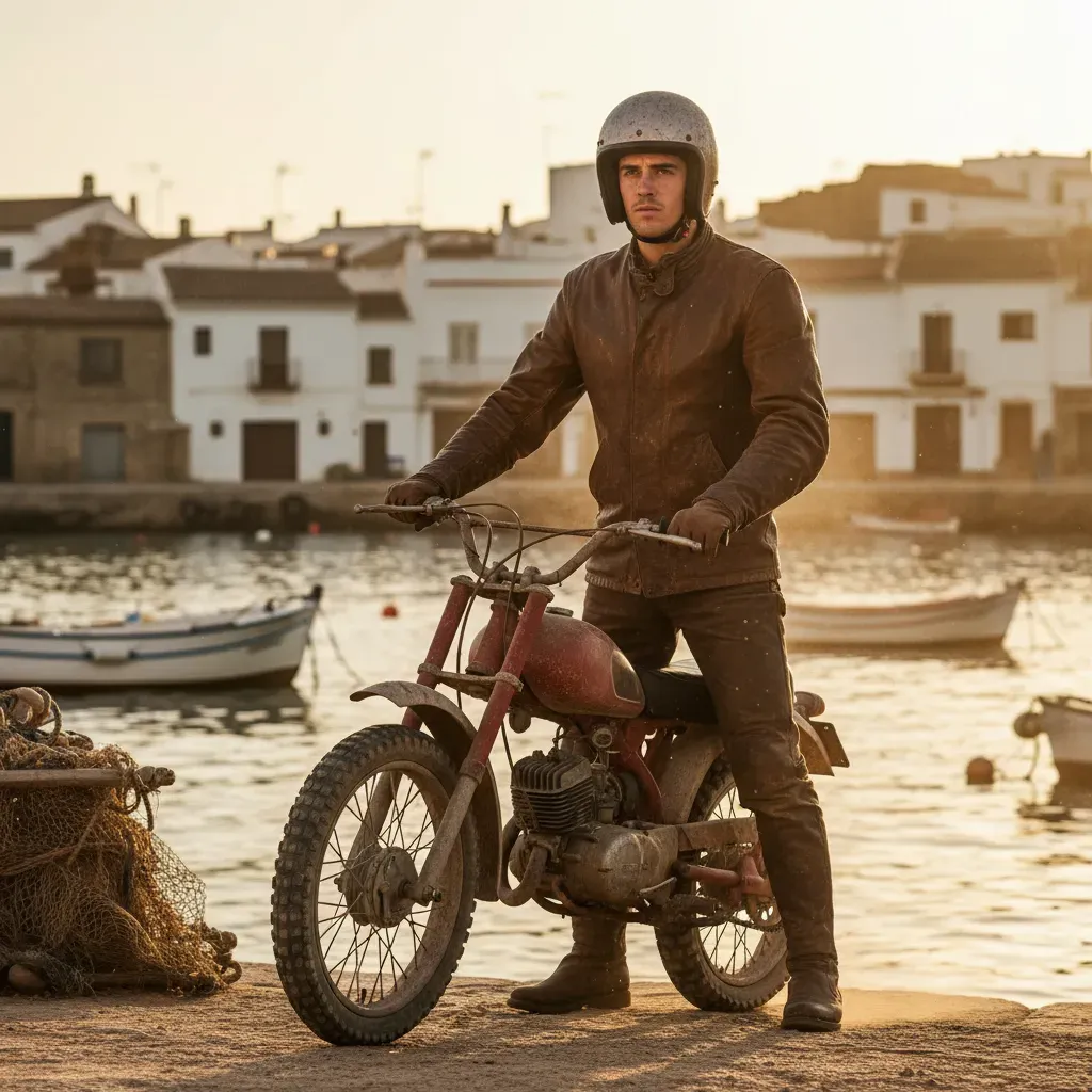 A sun-drenched, rustic scene in a Spanish coastal town. A determined young, anonymous rider in simple leathers stands be