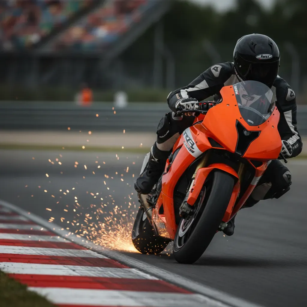 A tight, dynamic close-up shot of an anonymous rider on an orange race bike, leaned over at an extreme angle through a f