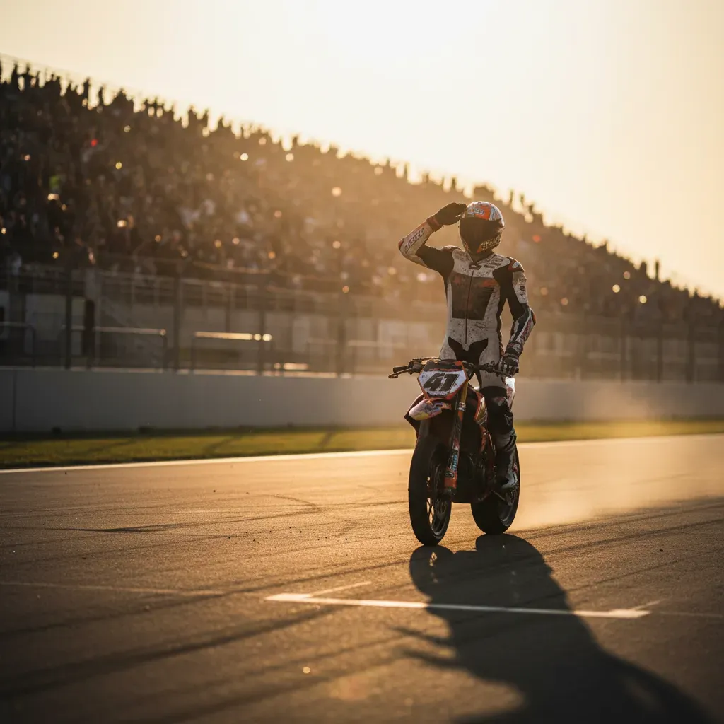 An atmospheric shot of an anonymous rider on the cool-down lap after a gruelling race. He is standing up on the pegs of