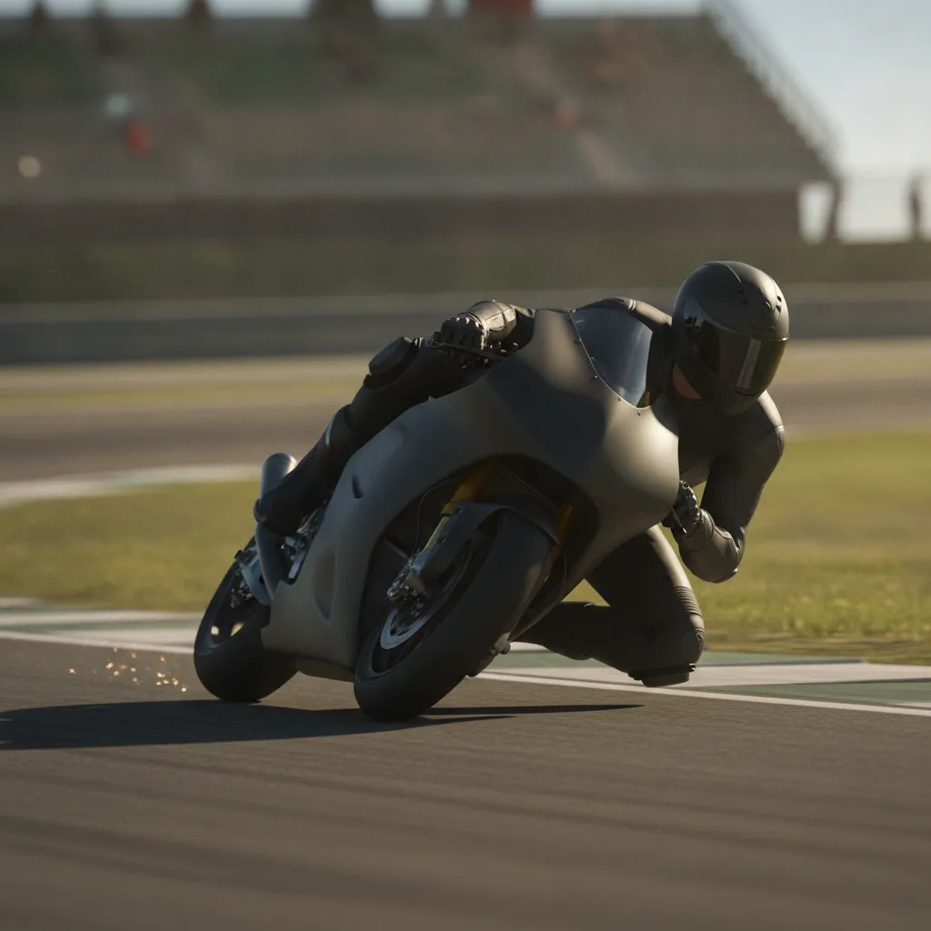 A rookie MotoGP rider leans his prototype race bike into a corner at high speed.