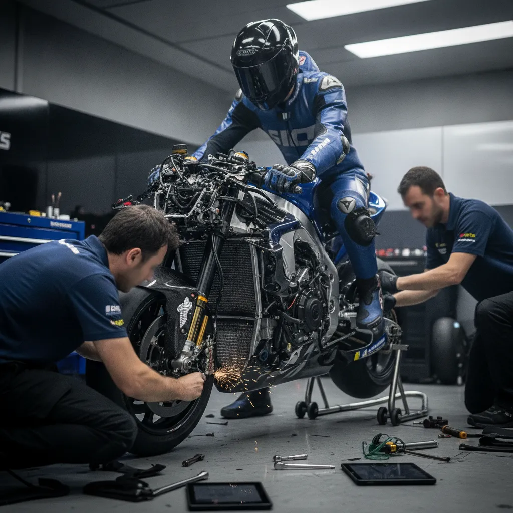 MotoGP mechanics work diligently on a complex prototype race bike in the team garage.