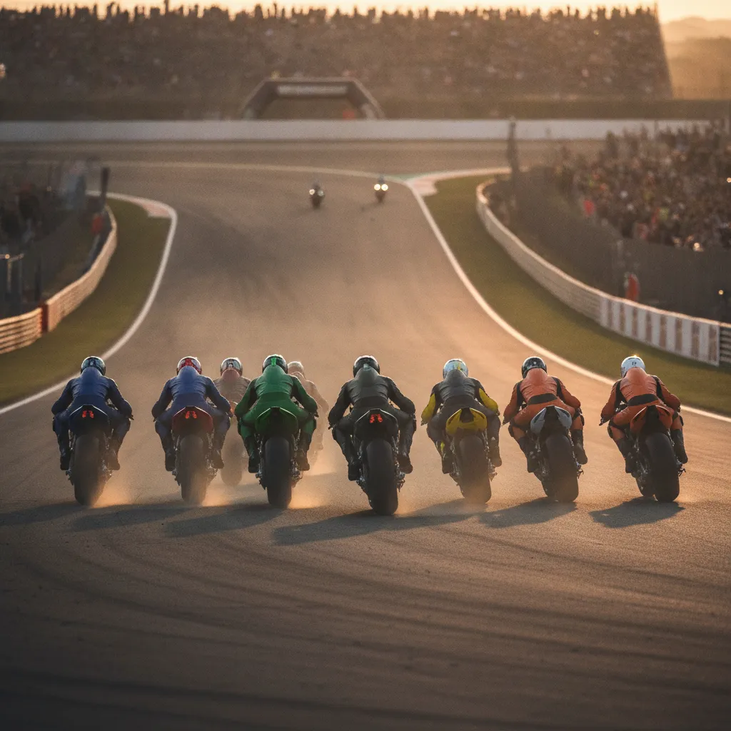 A group of MotoGP riders battle for position at the start of a Grand Prix race.