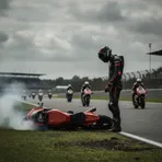 A dejected MotoGP rider stands beside his broken-down race bike at the side of the track.