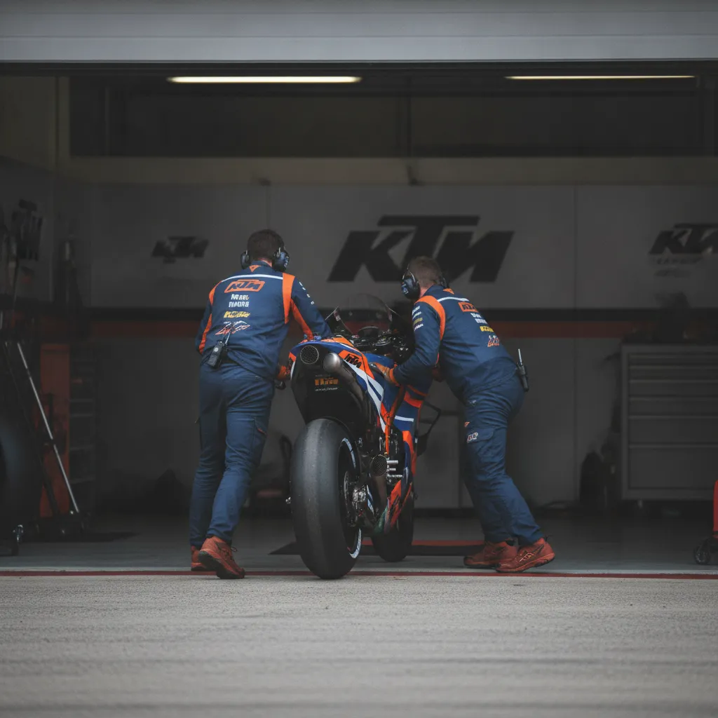 Pedro Acosta's KTM MotoGP bike is wheeled into the pit garage by his mechanics after his retirement from the race.