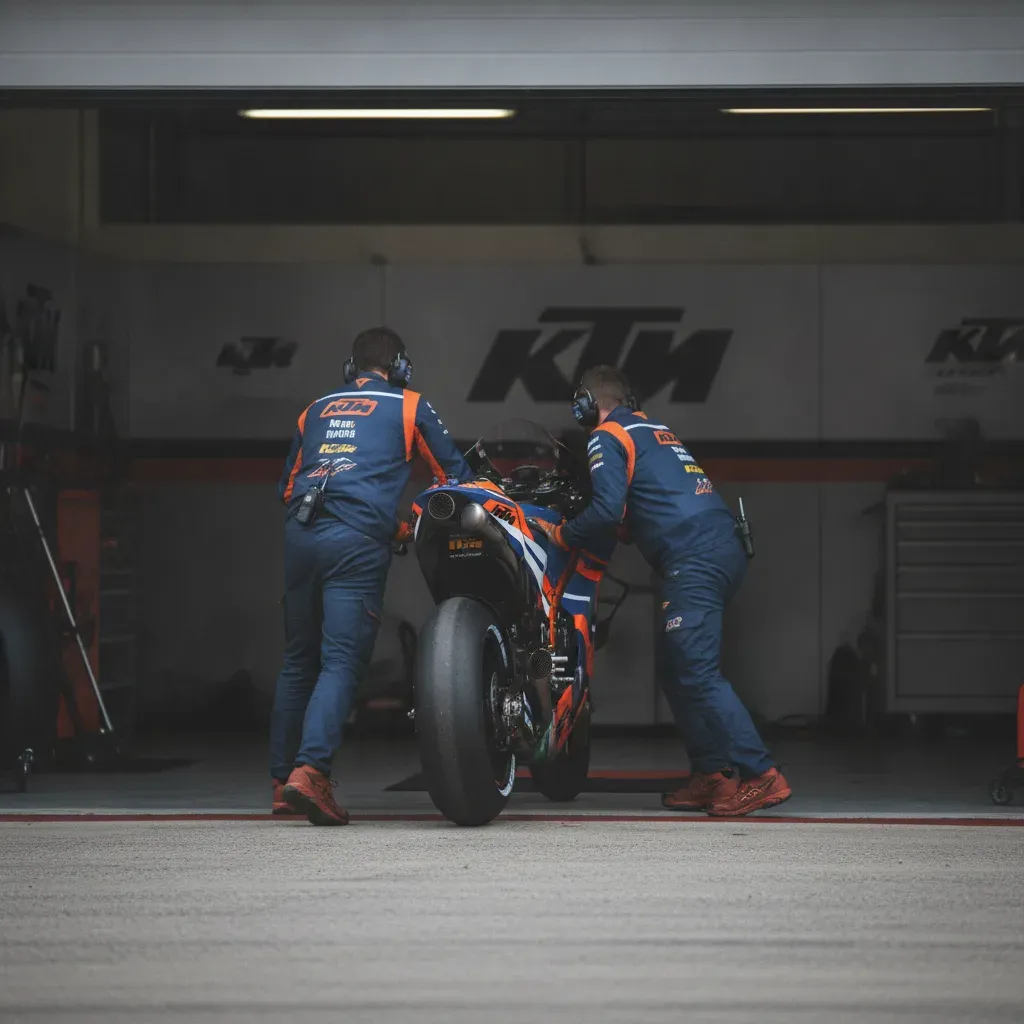 Pedro Acosta's KTM MotoGP bike is wheeled into the pit garage by his mechanics after his retirement from the race.