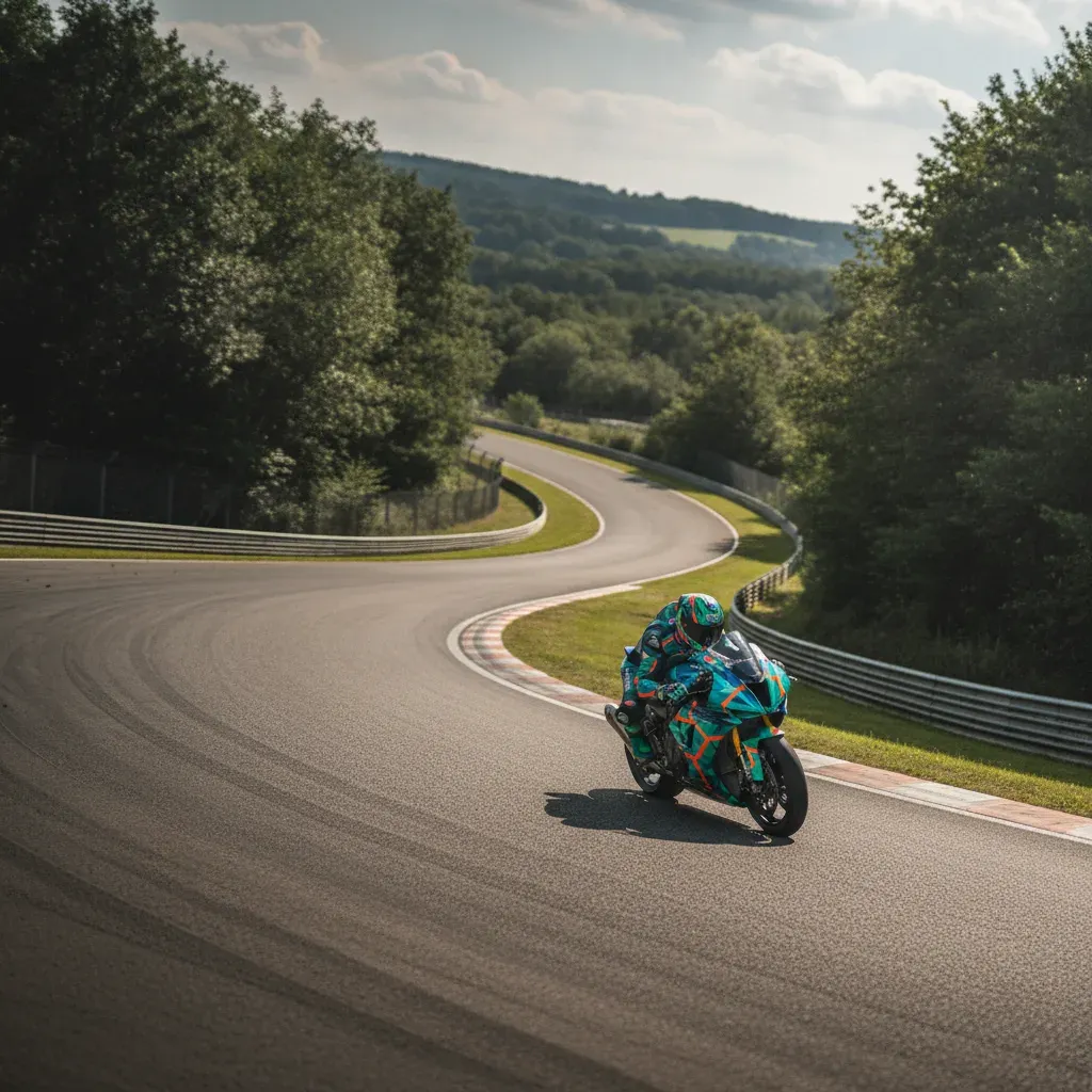A view of the dramatic, steep downhill 'Waterfall' section of the Sachsenring circuit in Germany.