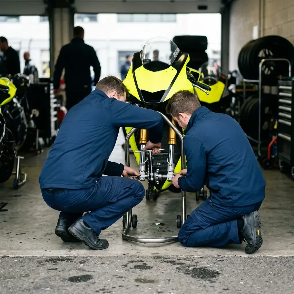 A wide-angle shot from inside a brightly lit MotoGP garage. Two anonymous mechanics in plain black team uniforms work on