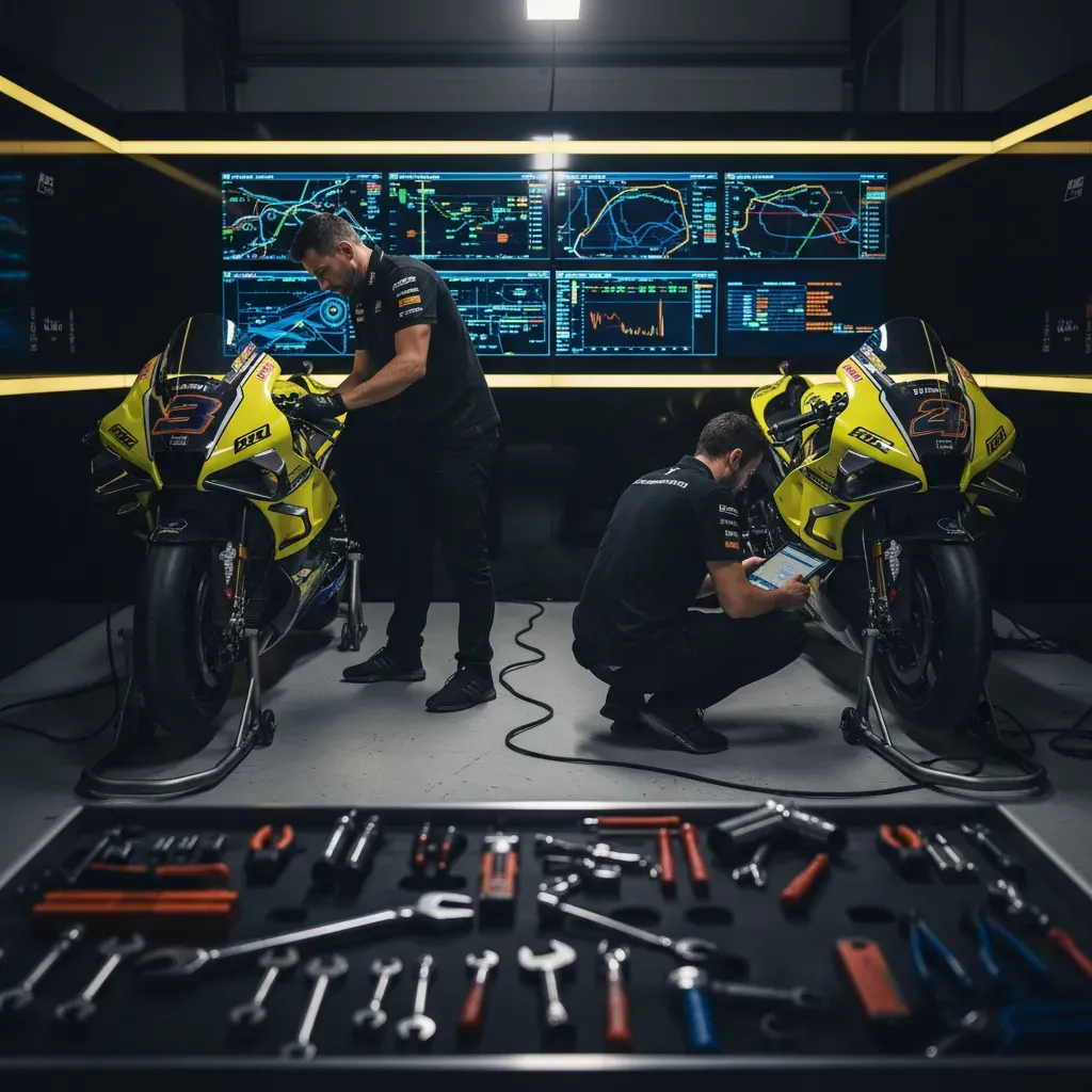 A wide-angle shot from inside a brightly lit MotoGP garage. Two anonymous mechanics in plain black team uniforms work on