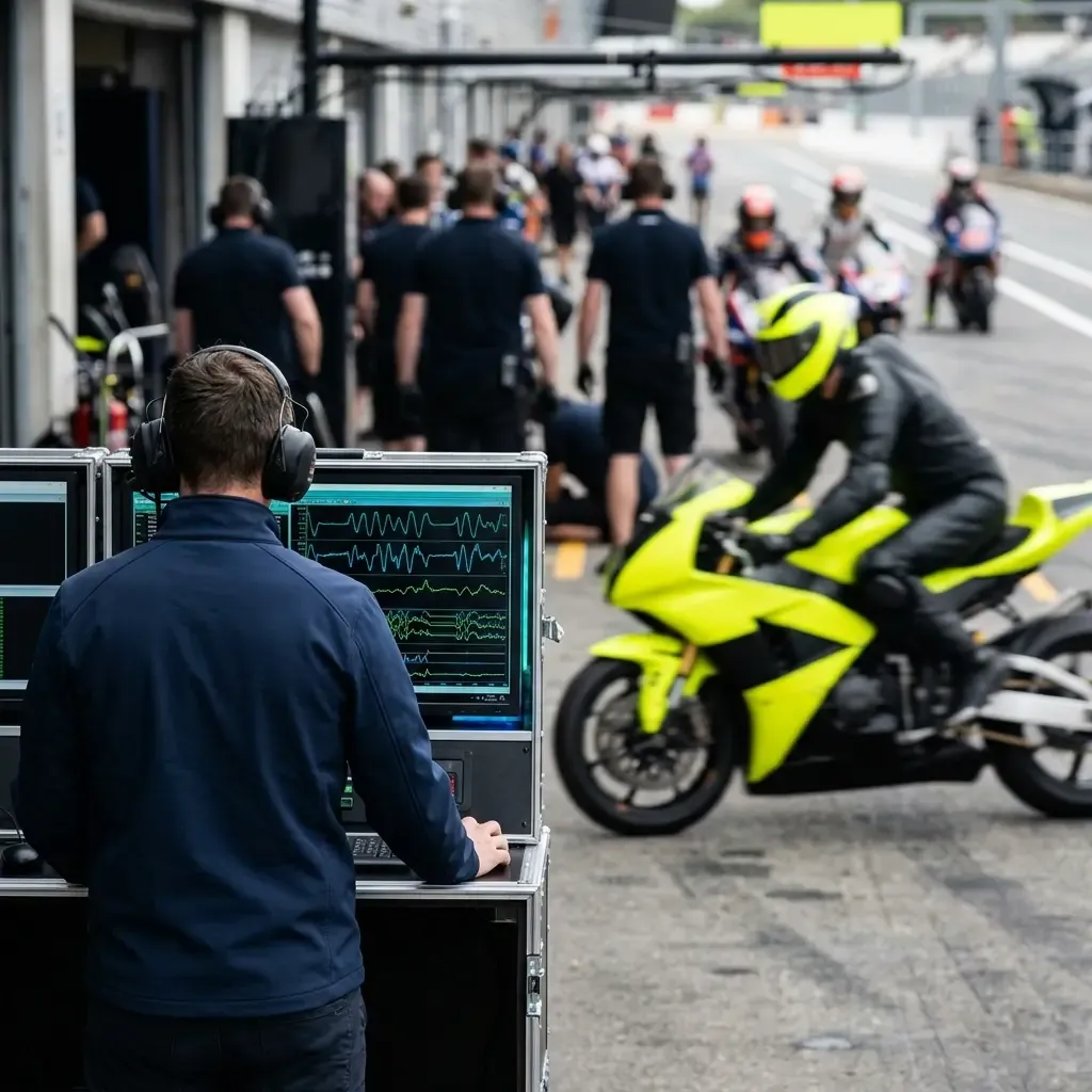 A close-up, over-the-shoulder shot of a senior race engineer with a headset on, pointing at a complex data screen. He is