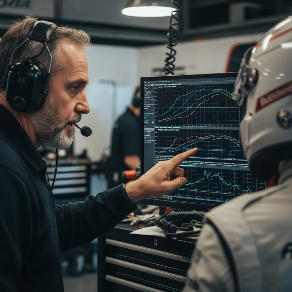 A close-up, over-the-shoulder shot of a senior race engineer with a headset on, pointing at a complex data screen. He is