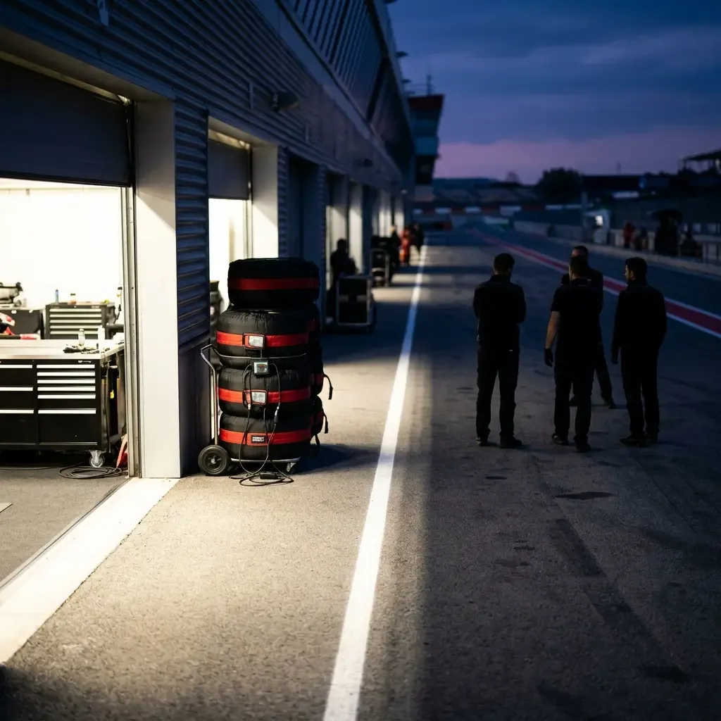 An atmospheric, wide shot of a MotoGP pit lane at dusk. The VR46 garage is brightly illuminated from within, casting a b