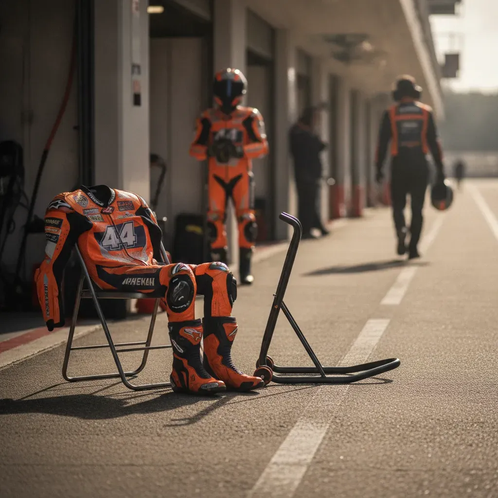 An empty space in the pit garage with a rider's suit on a chair, representing the absence of the injured Maverick Viñales.