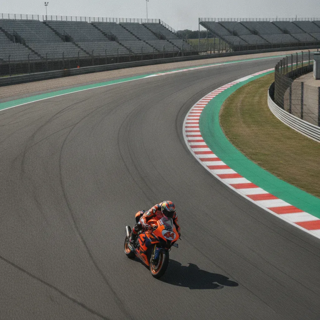 A wide shot of a distinctive corner and empty grandstands at the Misano circuit ahead of the San Marino Grand Prix.
