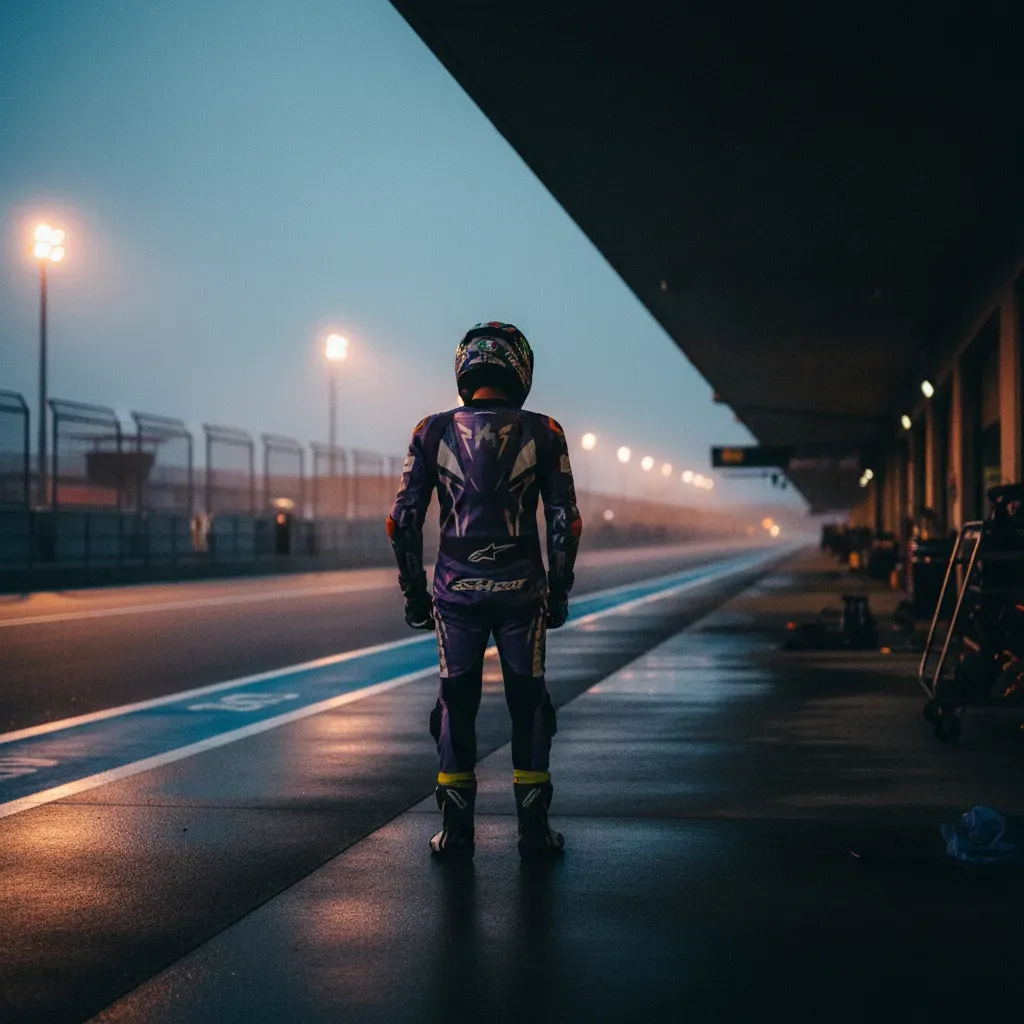 An atmospheric, wide shot from behind a lone rider in purple and white leathers, standing at the edge of the pit box. He