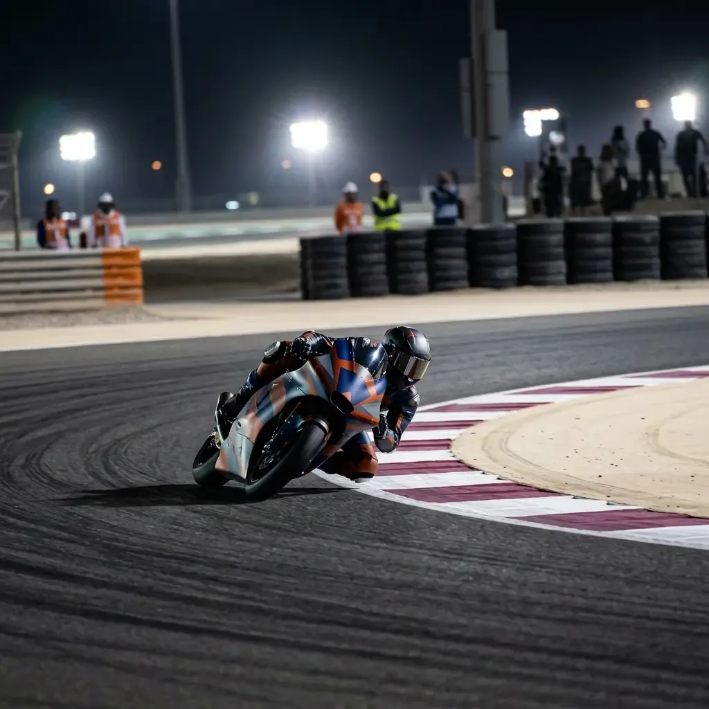 A dynamic action shot from track level, showing two anonymous MotoGP bikes leaned over in perfect synchronisation throug