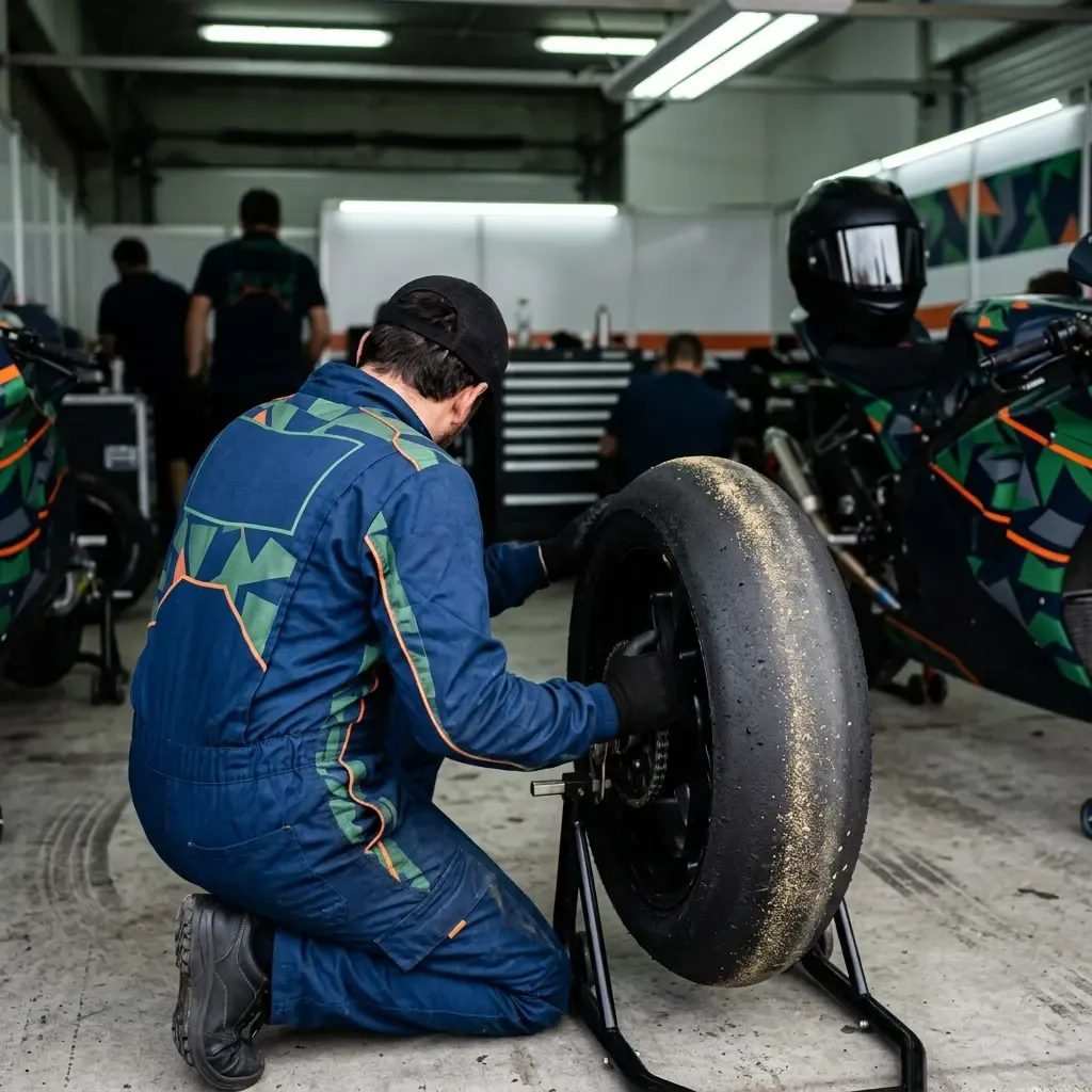 A quiet, atmospheric shot from behind the pit wall looking down the main straight at Lusail after a session. A single, u
