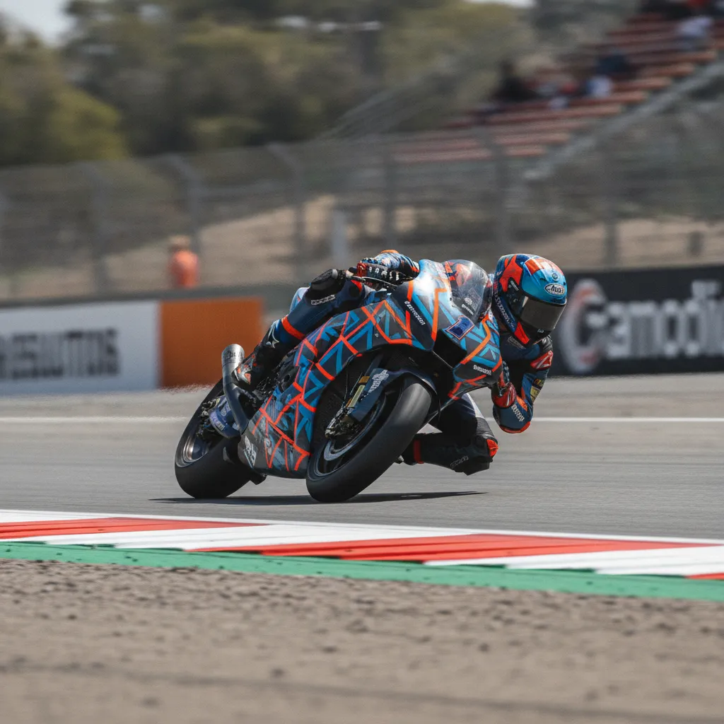 A MotoGP rider and bike at maximum lean angle, precisely hitting the painted kerb at the apex of a corner.