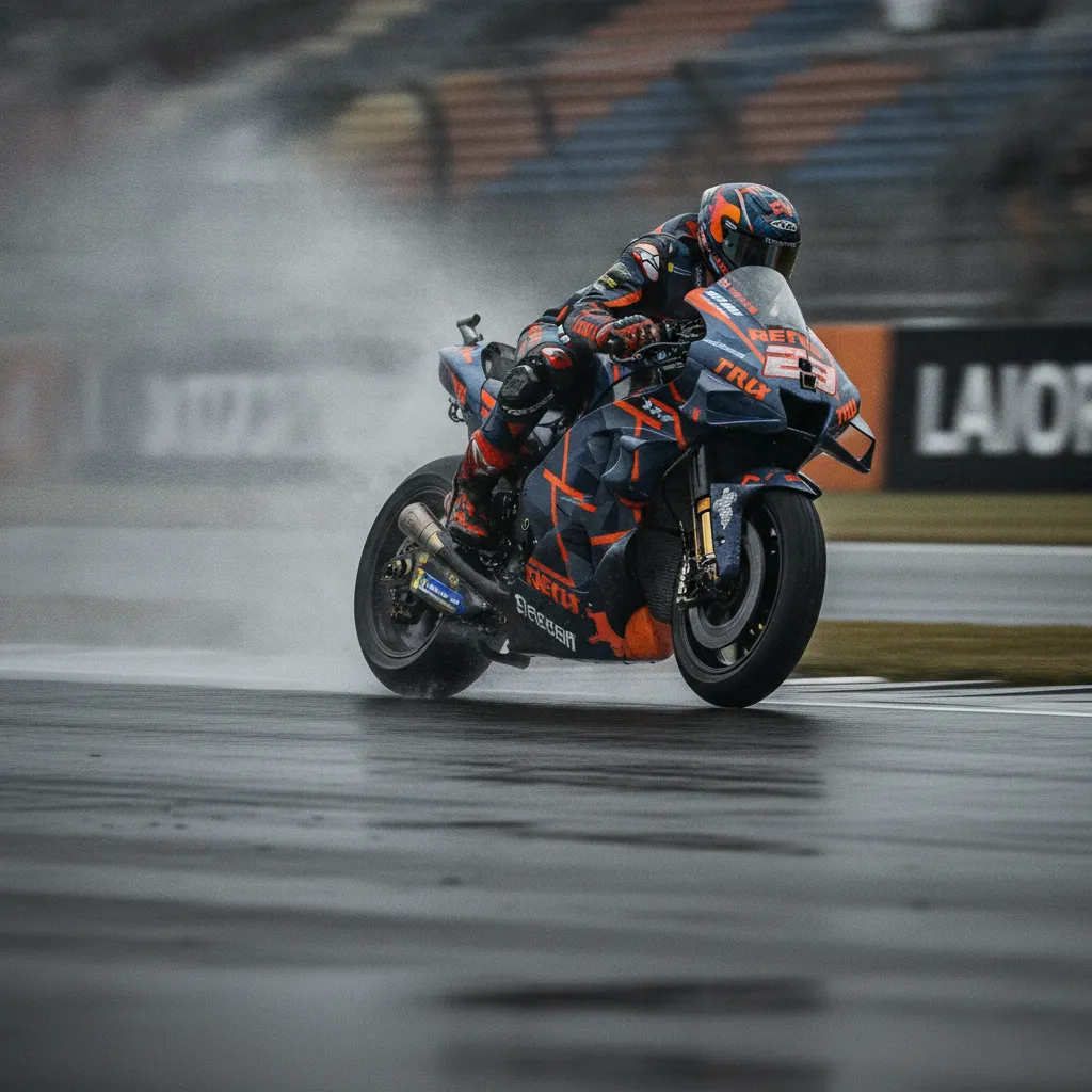 A MotoGP bike racing in heavy rain, creating a large plume of spray as the rider takes an unconventional wet-weather line.