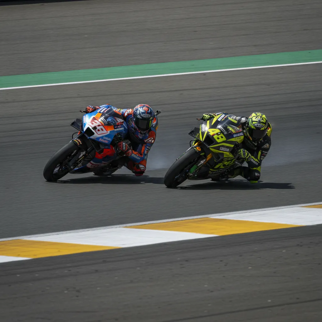 Two MotoGP riders side-by-side entering a tight corner, one defending the inside line while the other attempts an overtake on the outside.