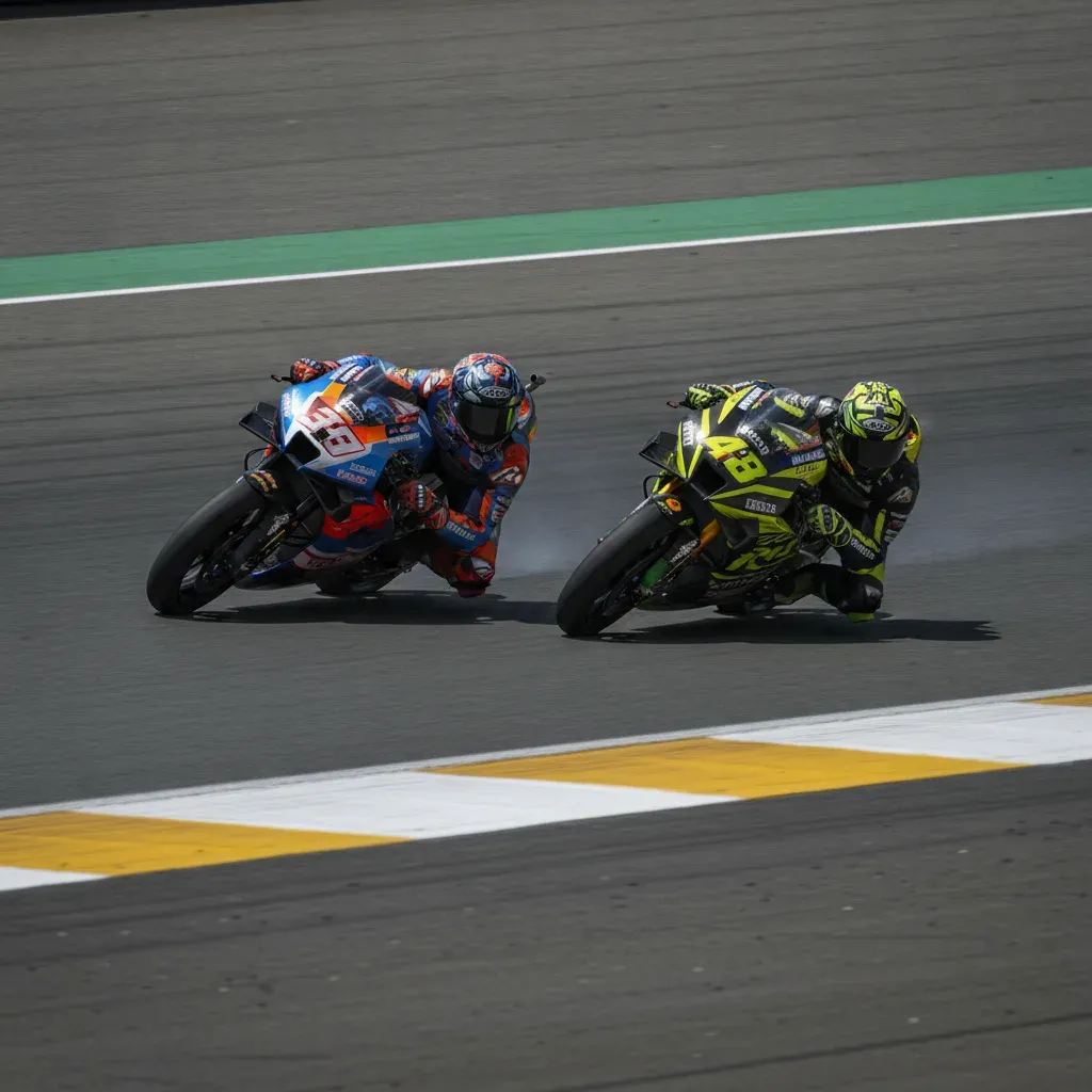 Two MotoGP riders side-by-side entering a tight corner, one defending the inside line while the other attempts an overtake on the outside.