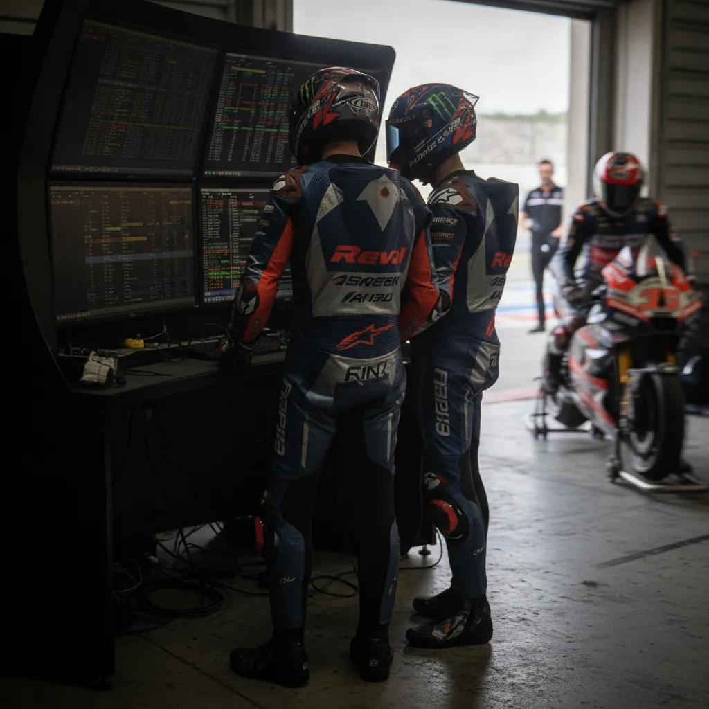 Two Trackhouse Racing team members analyse data on computer screens in the pit box.