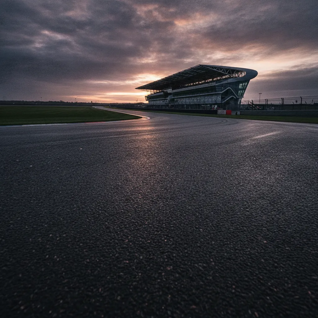 The famous Wing building and empty track at the Silverstone circuit early in the morning.