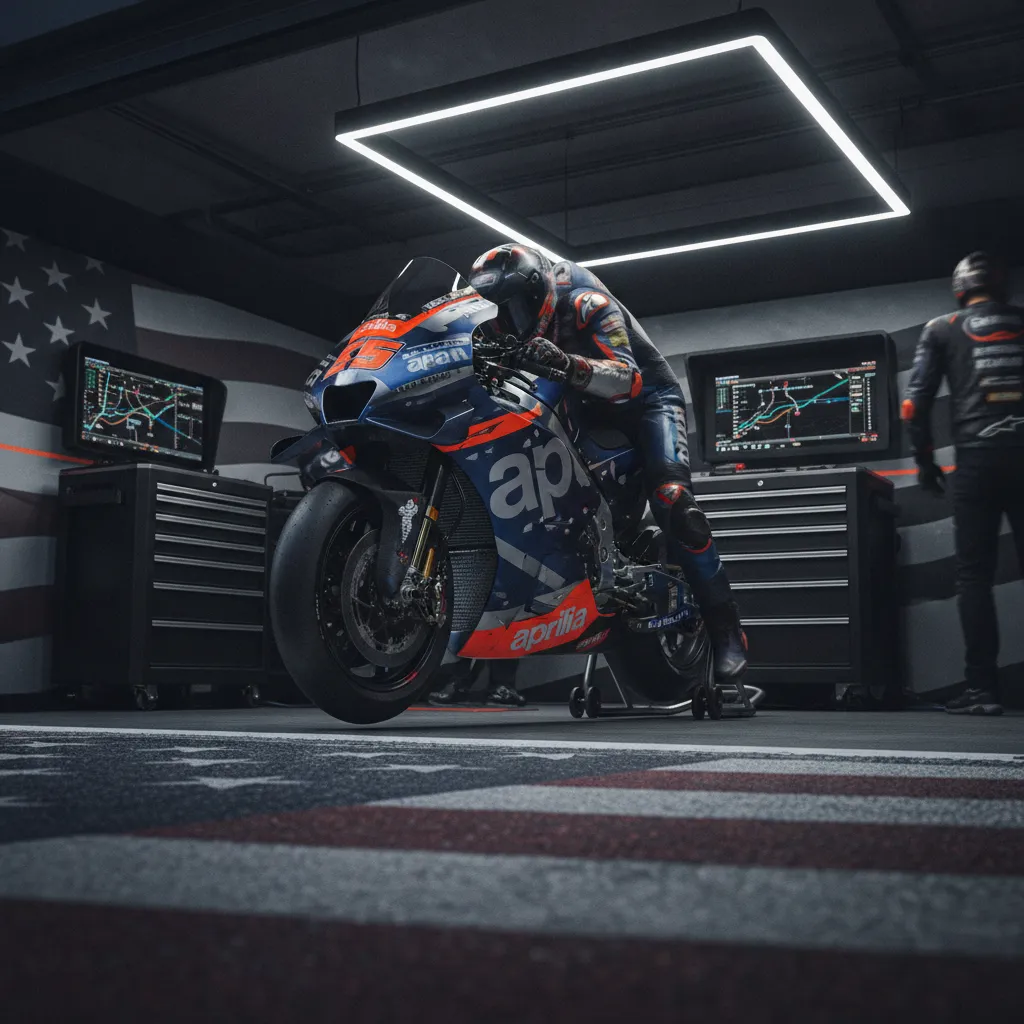 The professional setup of the Trackhouse Racing pit garage, with an Aprilia bike at its centre.