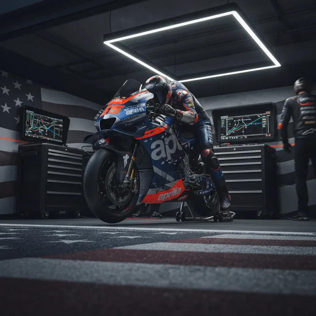 The professional setup of the Trackhouse Racing pit garage, with an Aprilia bike at its centre.