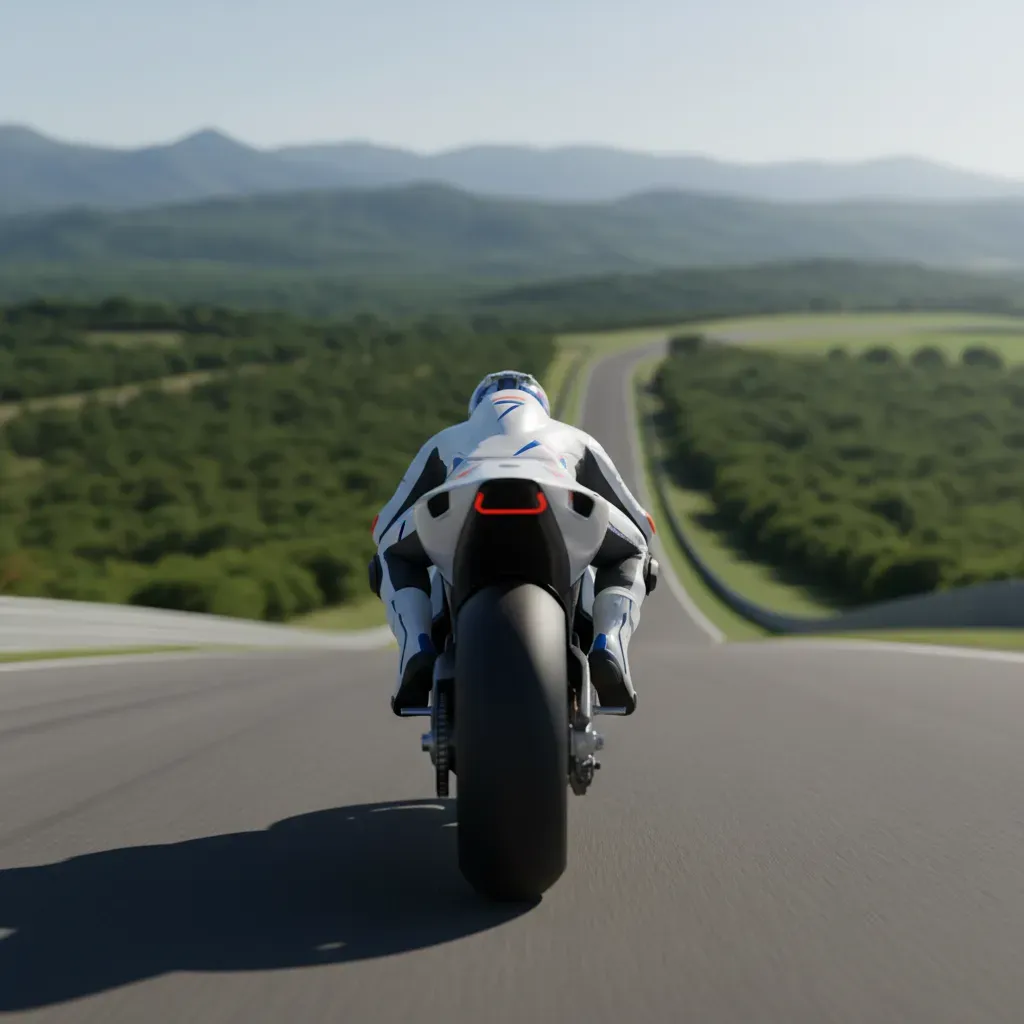 A dynamic action shot from behind a prototype racing motorcycle as it crests a hill on a race track. The rider is perfec