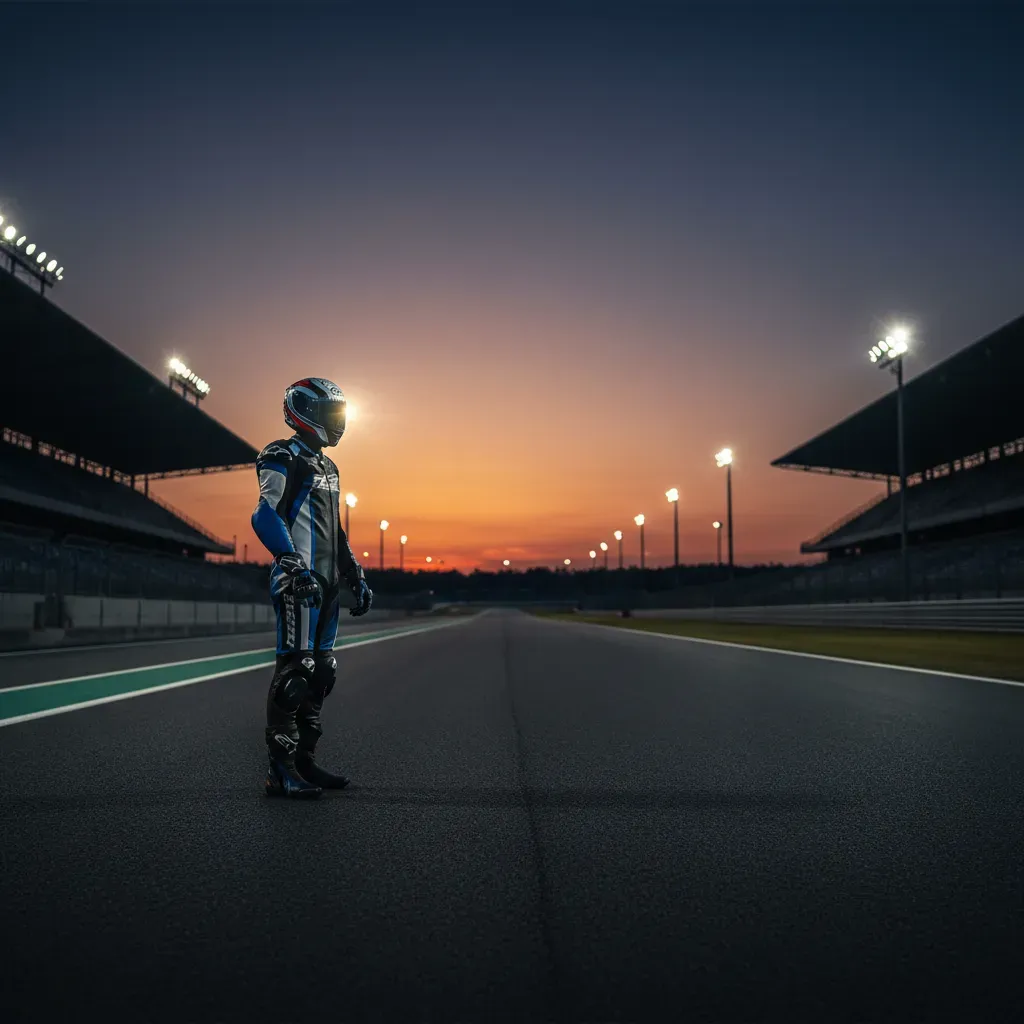 An atmospheric, wide shot of a lone rider standing at the edge of a race track as twilight descends. The track lights ha