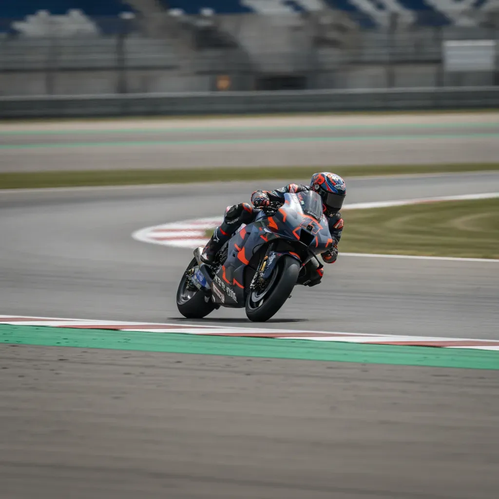 A MotoGP bike leans at high speed through a fast corner at the Silverstone circuit.