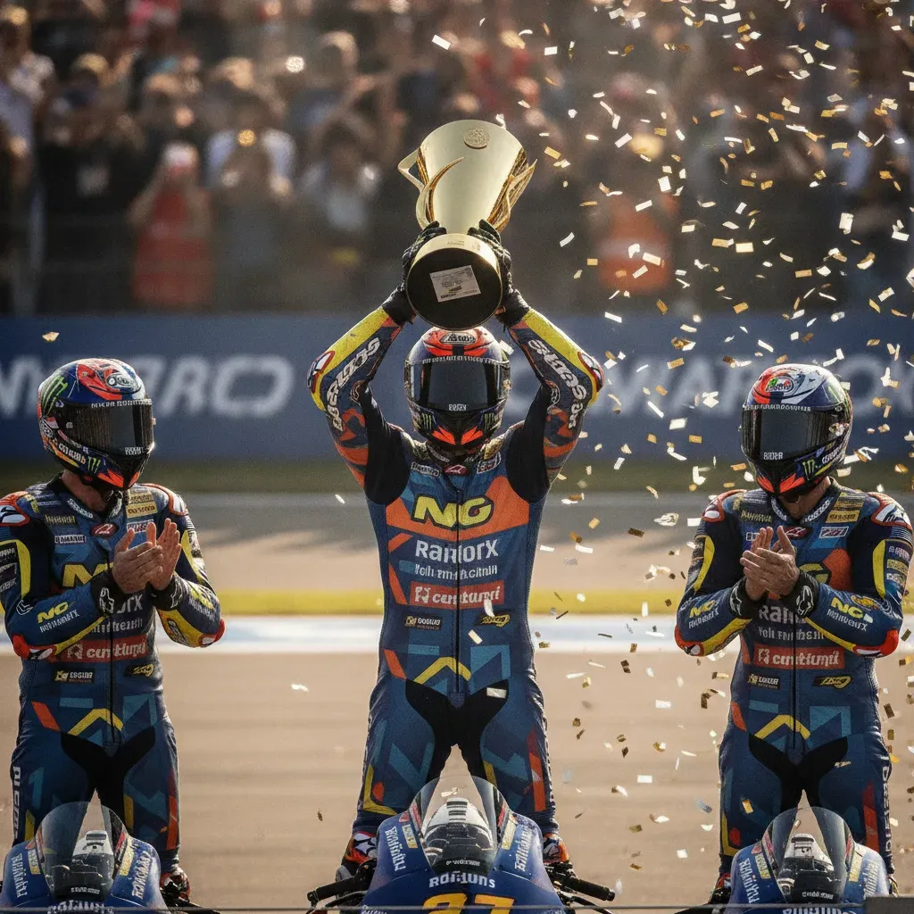 Raúl Fernández, Jorge Martín, and Marco Bezzecchi celebrate on the podium at the British Grand Prix.