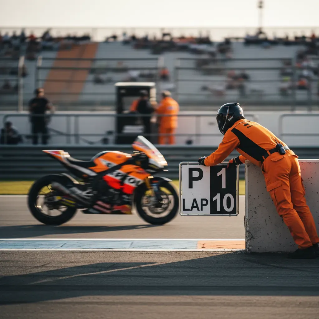 A tight, action-focused shot from behind a pit wall during a race. An anonymous mechanic in orange team gear leans over 