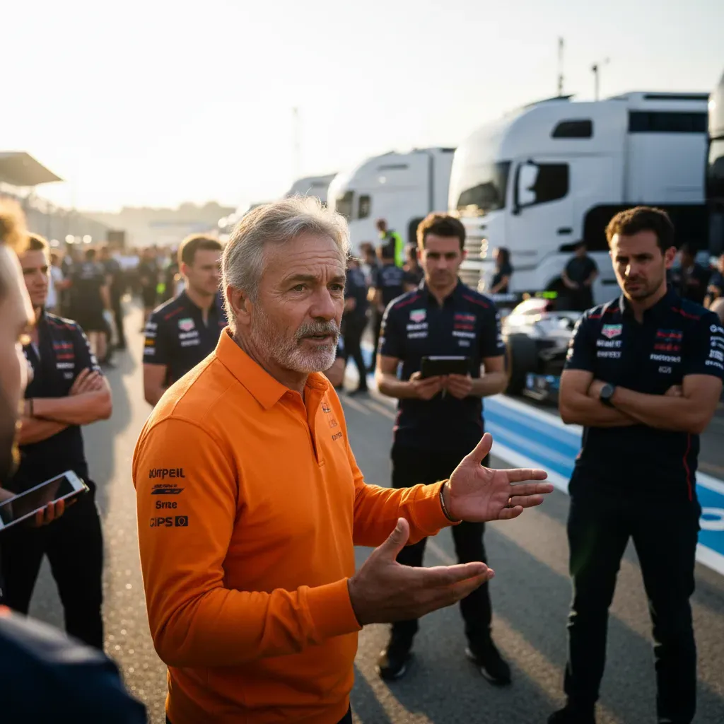 A candid, atmospheric shot of a charismatic, grey-haired team principal in a plain orange team jacket, speaking passiona