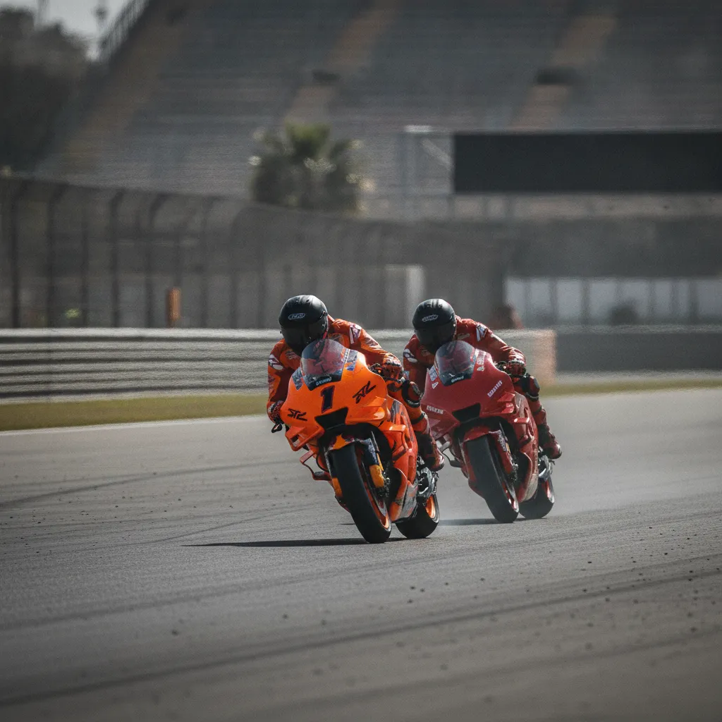 Two MotoGP riders engaged in a high-speed slipstreaming battle on a long straight.