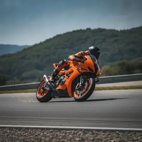 A MotoGP rider on an orange bike navigates a corner at speed at the scenic Red Bull Ring.