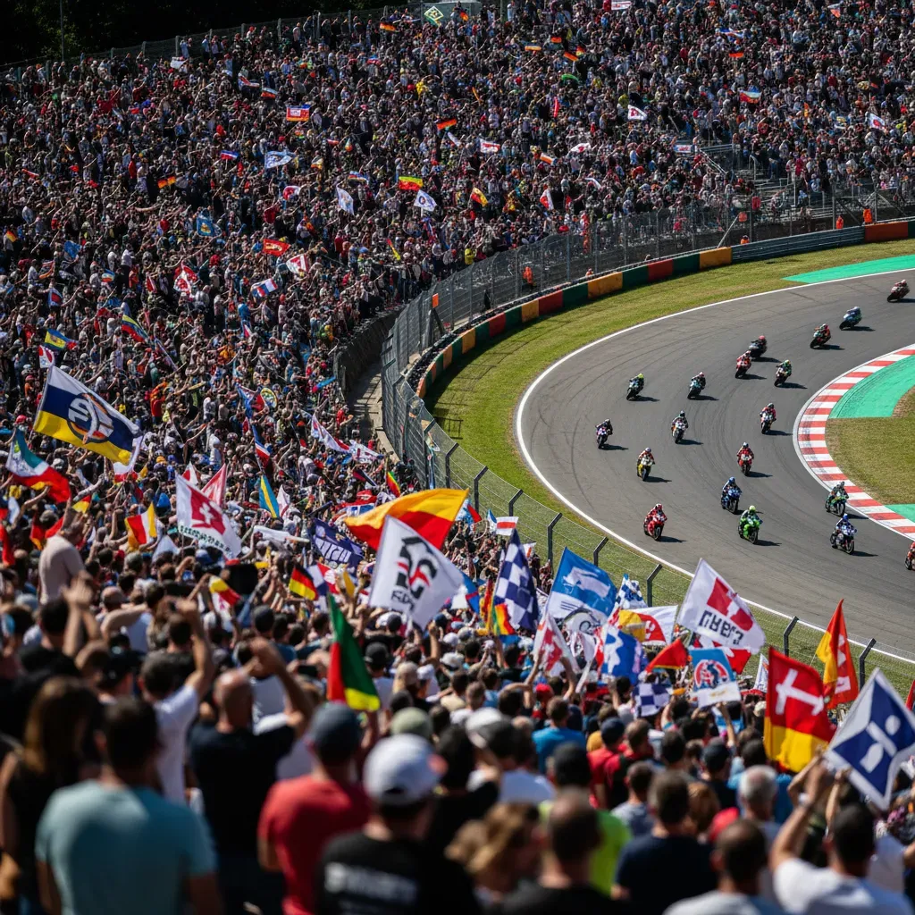 A wide, panoramic shot from high up in the grandstands at the Sachsenring, capturing the immense scale of the crowd. A s