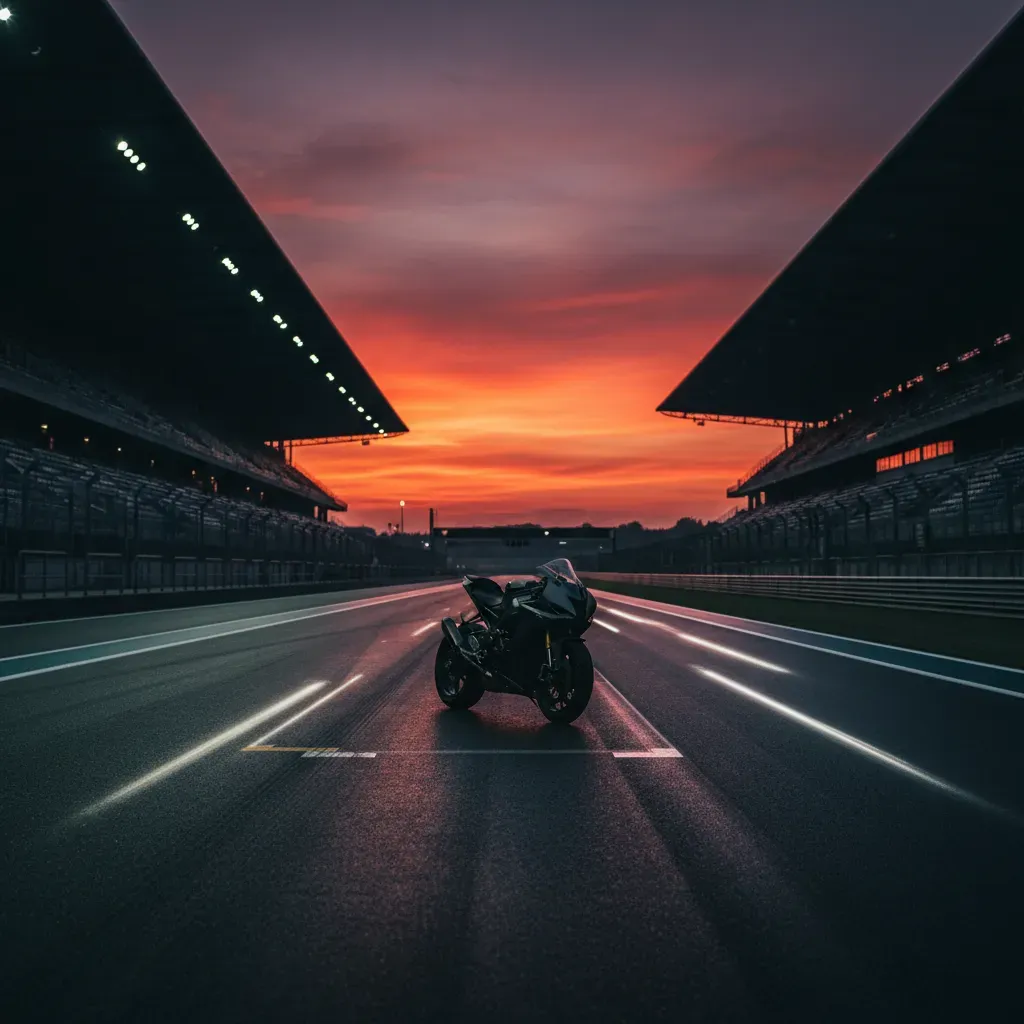 An atmospheric, moody shot at dusk on the Sachsenring's start-finish straight. A lone, unbranded motorcycle is silhouett
