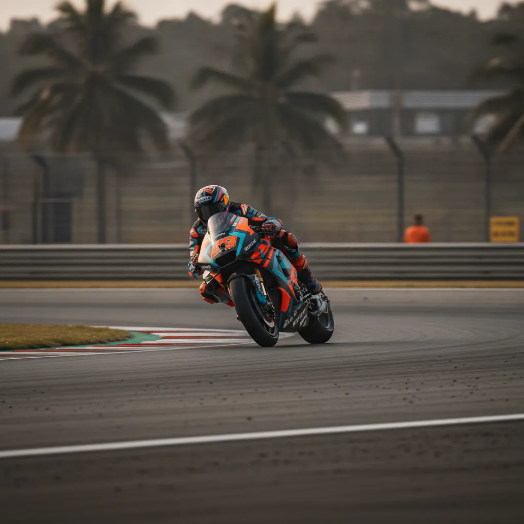A MotoGP rider brakes hard while leaning their bike into the final tight hairpin corner at the Sepang circuit.