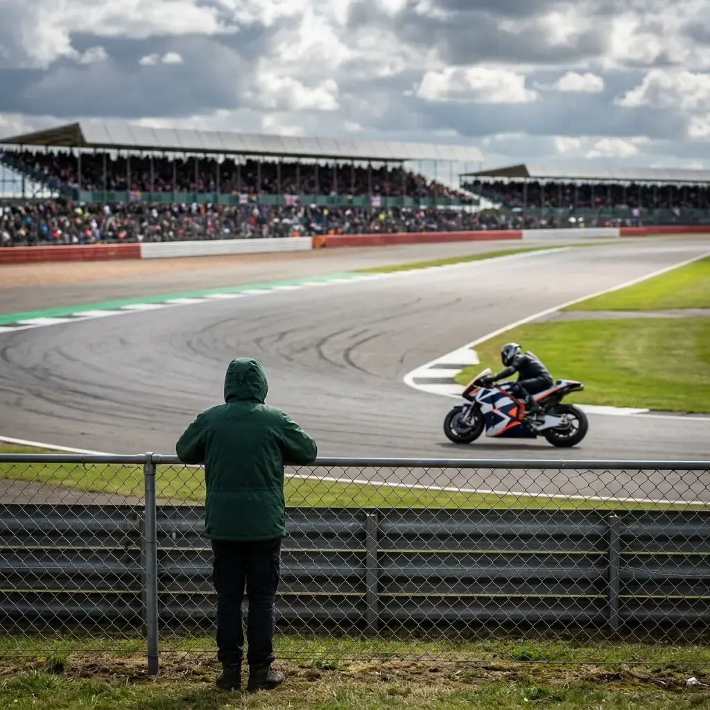 A wide, atmospheric shot of the Silverstone circuit just before a race. The grandstands are packed with a massive crowd,