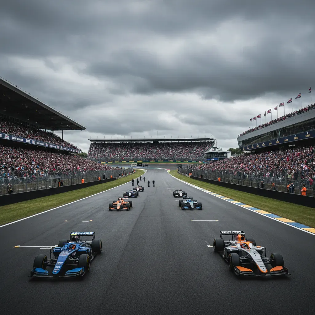 A wide, atmospheric shot of the Silverstone circuit just before a race. The grandstands are packed with a massive crowd,