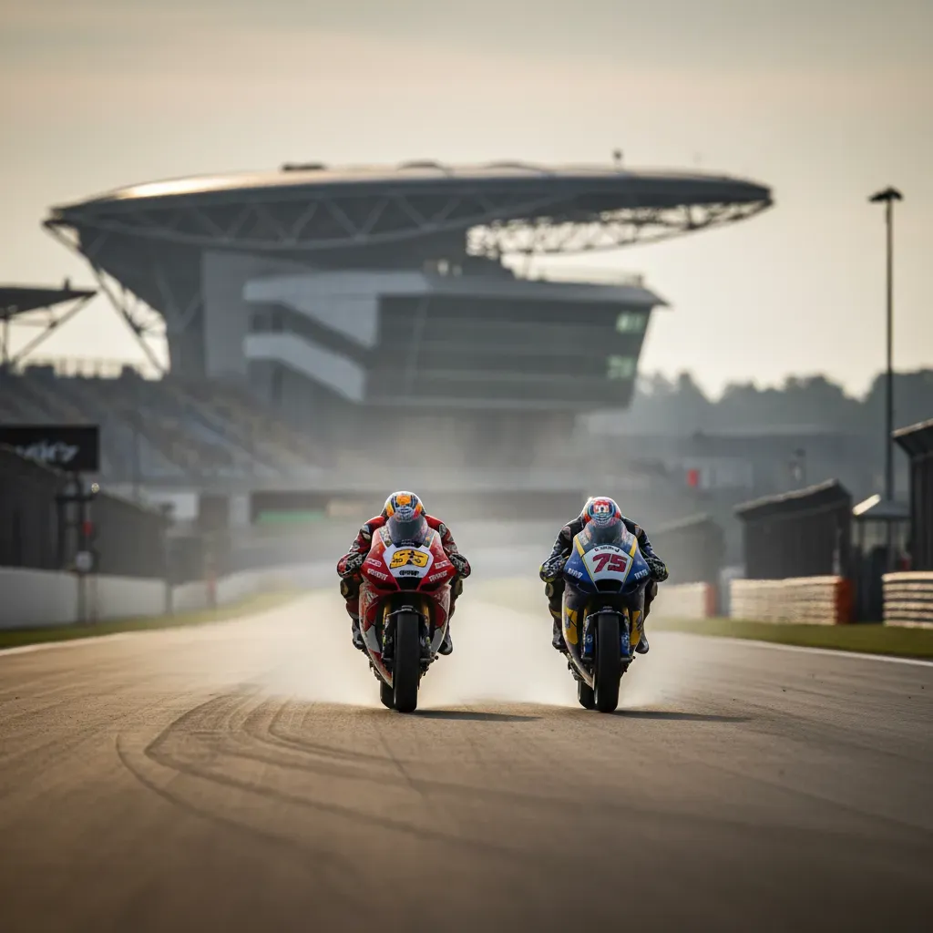 A telephoto, head-on shot down the Wellington Straight at Silverstone. Two generic MotoGP bikes are locked in a battle, 
