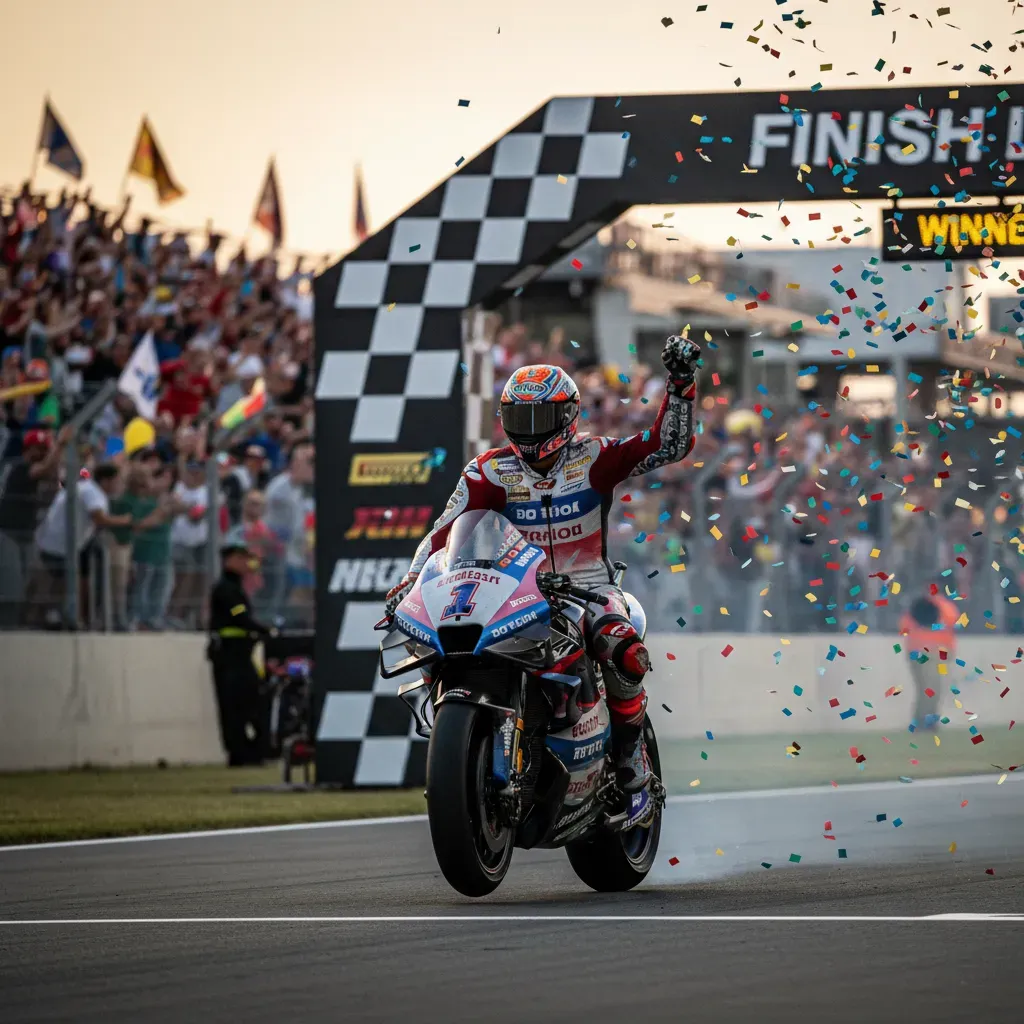 An atmospheric, photorealistic shot of a generic MotoGP rider crossing the finish line, one arm raised in celebration. C